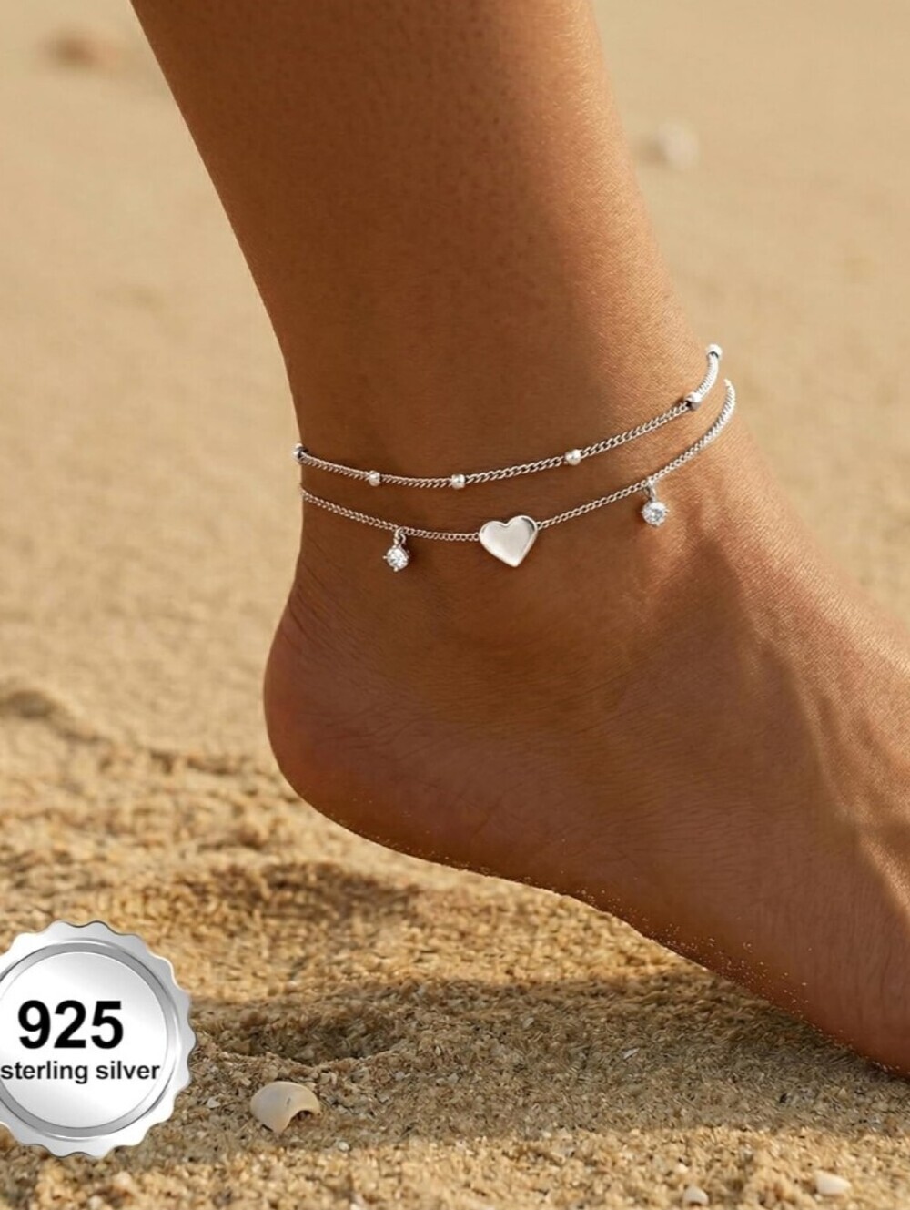925 Silver Plated Double Anklet with Heart & Zirconia Charms